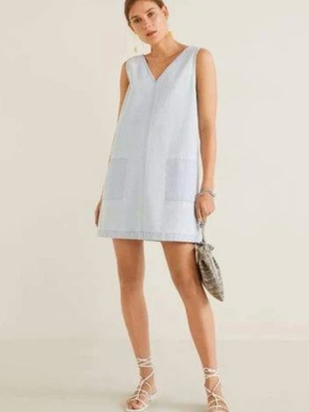 Mango Light Blue V-Neck Sleeveless Shift Dress